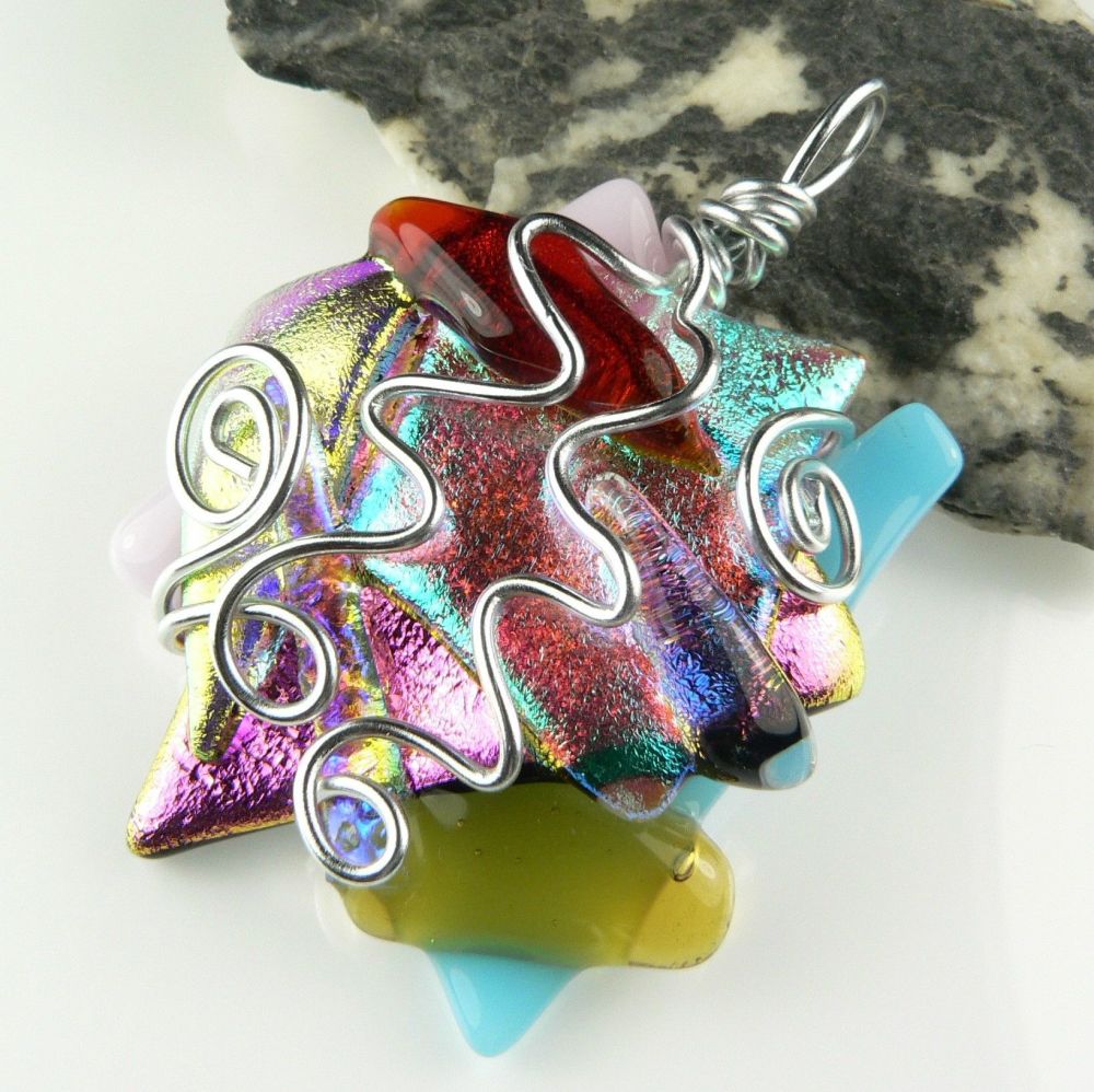 5cm multi-coloured textured & wire wrapped Dichroic glass pendant, with leather cord & gift box (#30385)