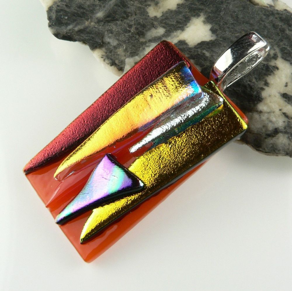 4.6cm textured Dichroic glass pendant, with leather cord & gift box (#30006)