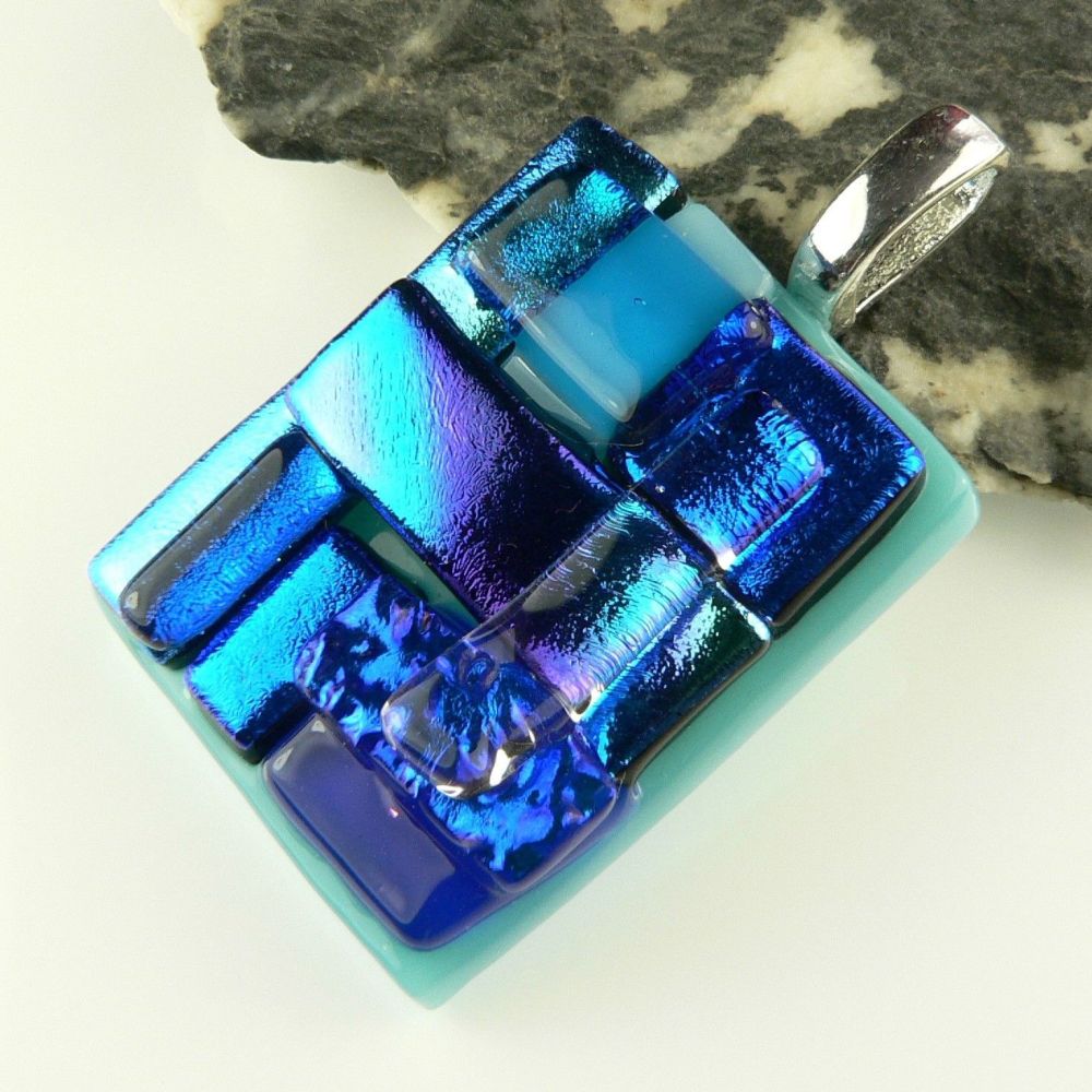 4.2cm blue textured Dichroic glass pendant, with leather cord & gift box (#30479)