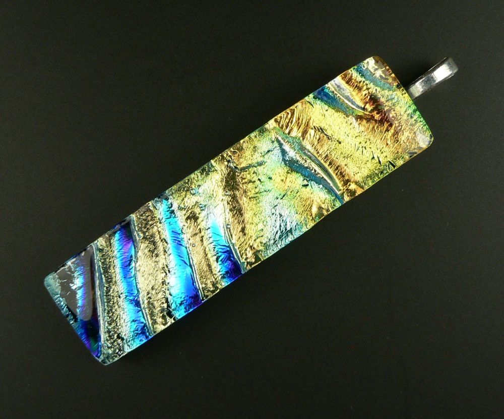 6.5cm yellow and blue Dichroic glass pendant, with leather cord & gift box (#20323)