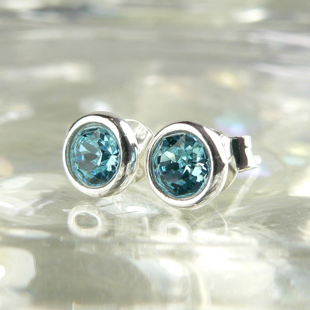 5.5mm sterling silver stud earrings made with Aqua Swarovski Elements in a gift box (blue)