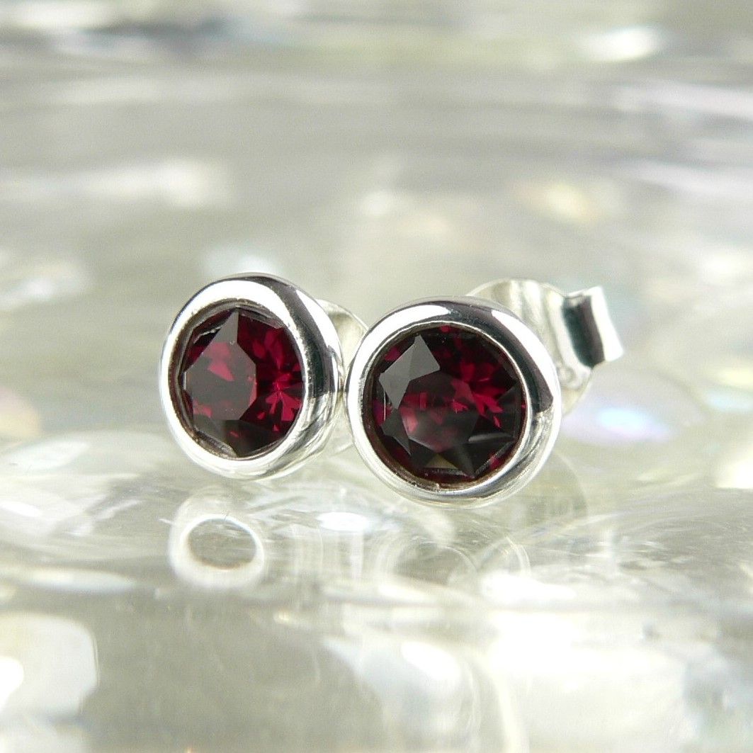 5.5mm sterling silver stud earrings made with Ruby Swarovski Elements in a gift box (dark red)