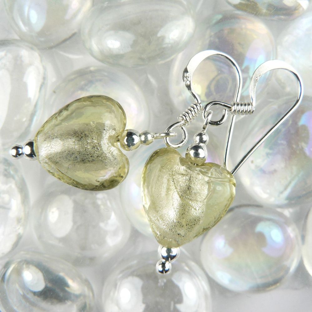 3 colour options - Sterling silver 12mm (+/-) silver-foil glass heart earrings in a gift box