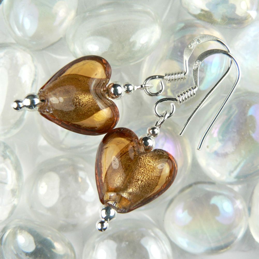 golden amber silver-foil glass heart earrings