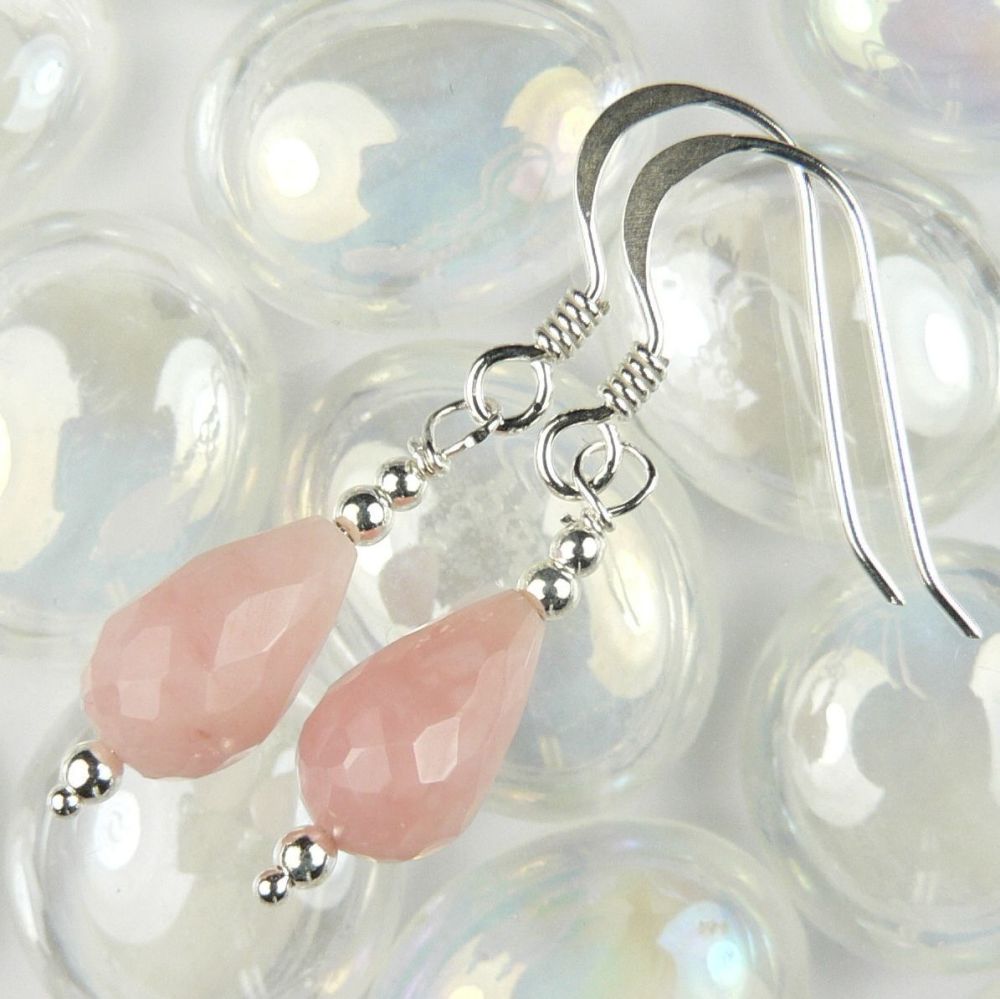 Sterling silver faceted Pink Opal semi-precious stone drop earrings, in a gift box