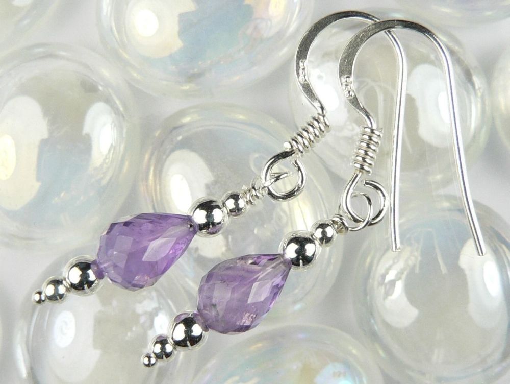 Sterling silver faceted Amethyst semi-precious stone drop earrings, in a gift box