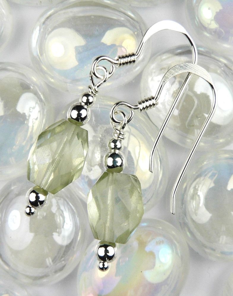 Sterling silver faceted Prasiolite (Green Amethyst) semi-precious stone drop earrings, in a gift box