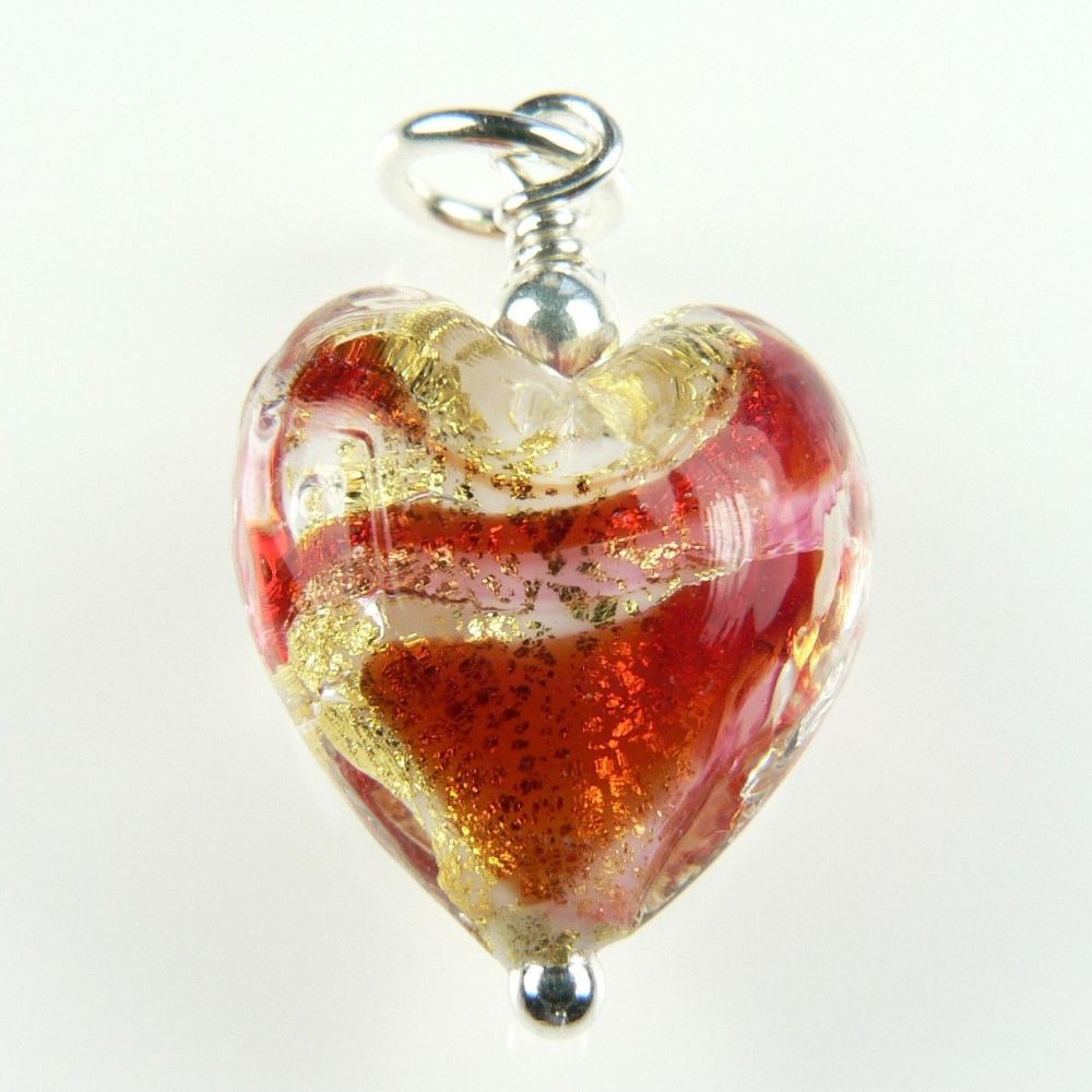 With/out chain, sterling silver & 14mm (+/-) Ruby gold foiled Murano glass heart pendant, in a gift box