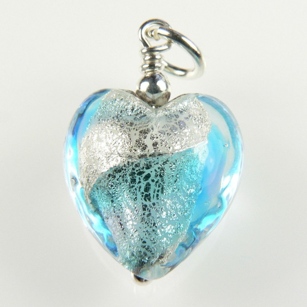 With/out chain, sterling silver & 14mm (+/-) Aquamarine/Periwinkle white gold foiled Murano glass heart pendant, in a gift box