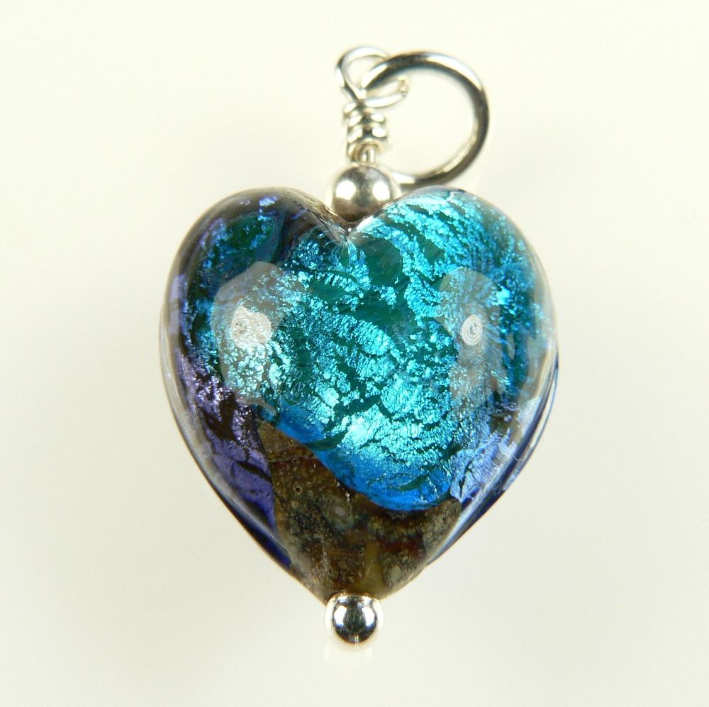 With/out chain, sterling silver & 14mm (+/-) Tornado white gold foiled Murano glass heart pendant, in a gift box