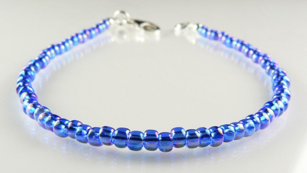 Sterling silver Toho glass seed beaded stacking bracelet with lobster clasp  (Rainbow Sapphire 8885)