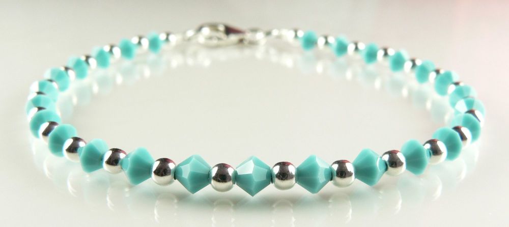 Sterling silver & 4mm bicone Preciosa Czech crystal bracelet  (Turquoise)