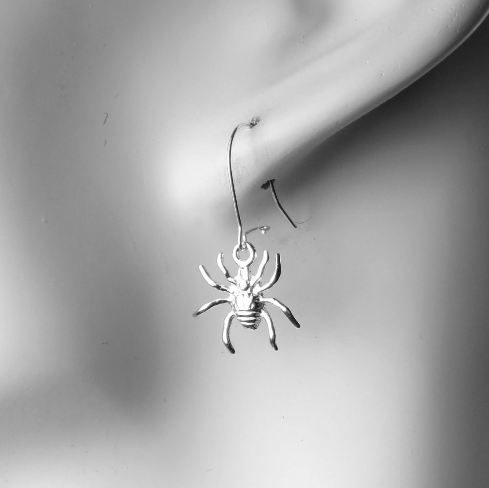 Sterling silver earrings with 12mm spider charms, on either fish or kidney wires, in a gift box