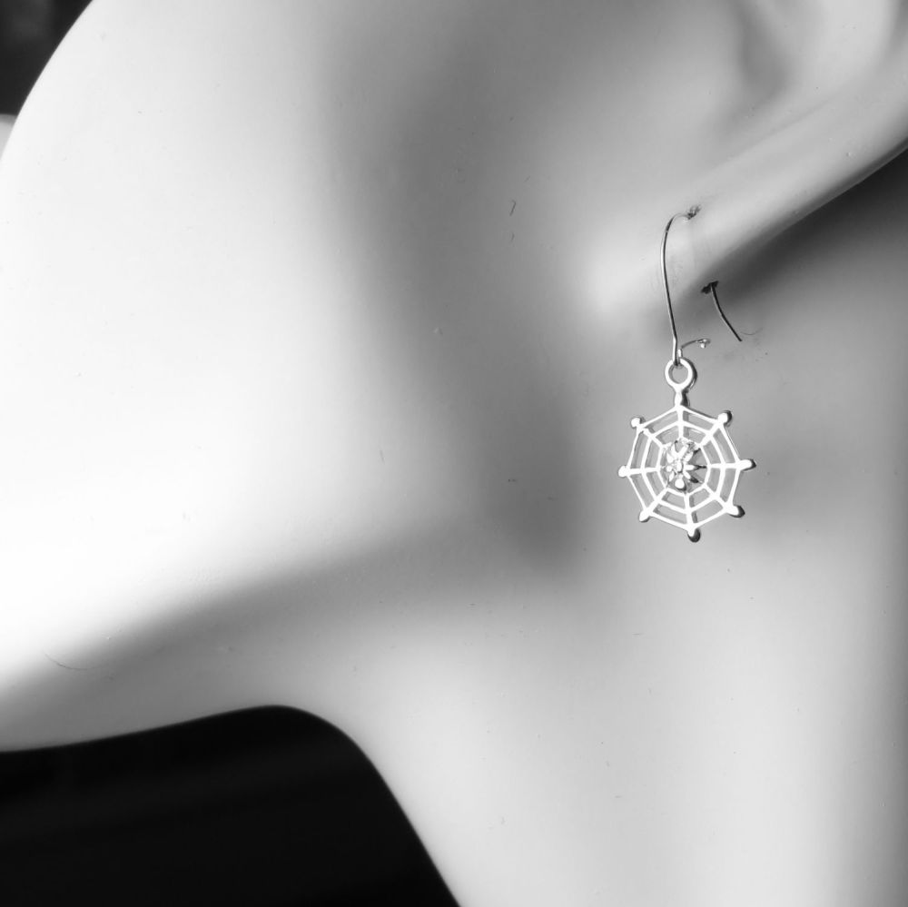 Sterling silver earrings with 14mm cobweb charms, on either fish or kidney wires, in a gift box