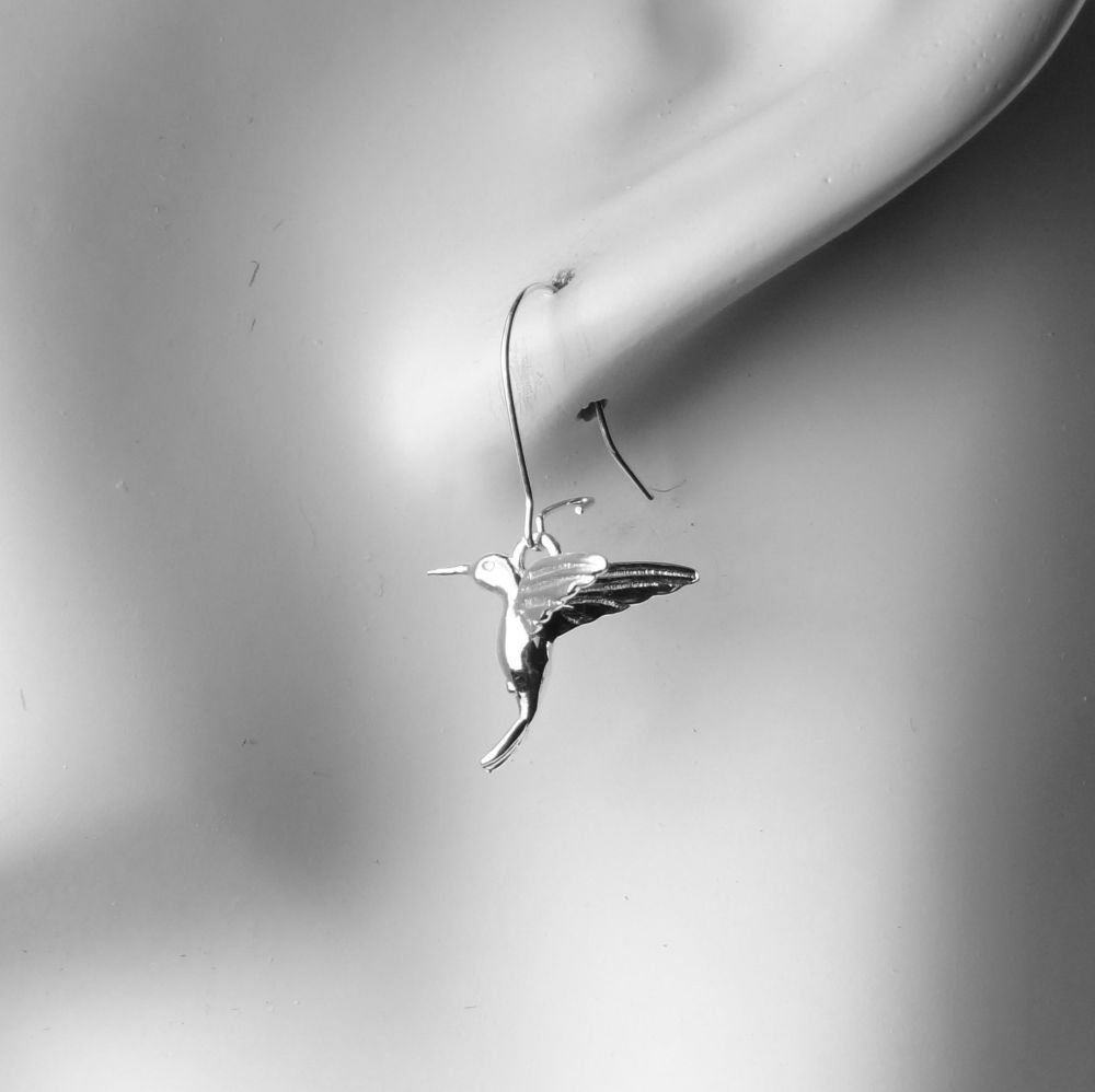 Sterling silver earrings with 14mm hummingbird charms, on either fish or kidney wires, in a gift box