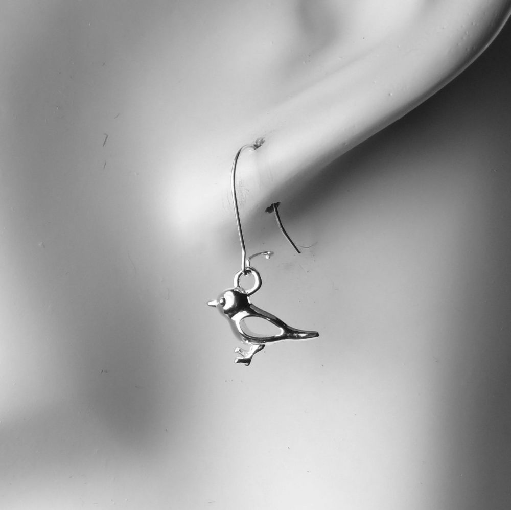 Sterling silver earrings with 13mm sparrow charms, on either fish or kidney wires, in a gift box