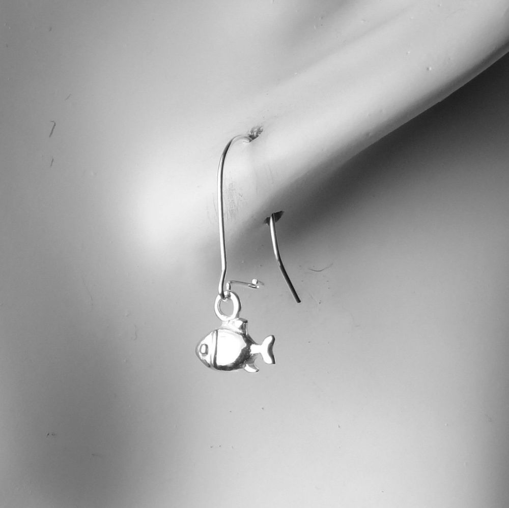 Sterling silver earrings with 7mm fish charms, on either fish or kidney wires, in a gift box