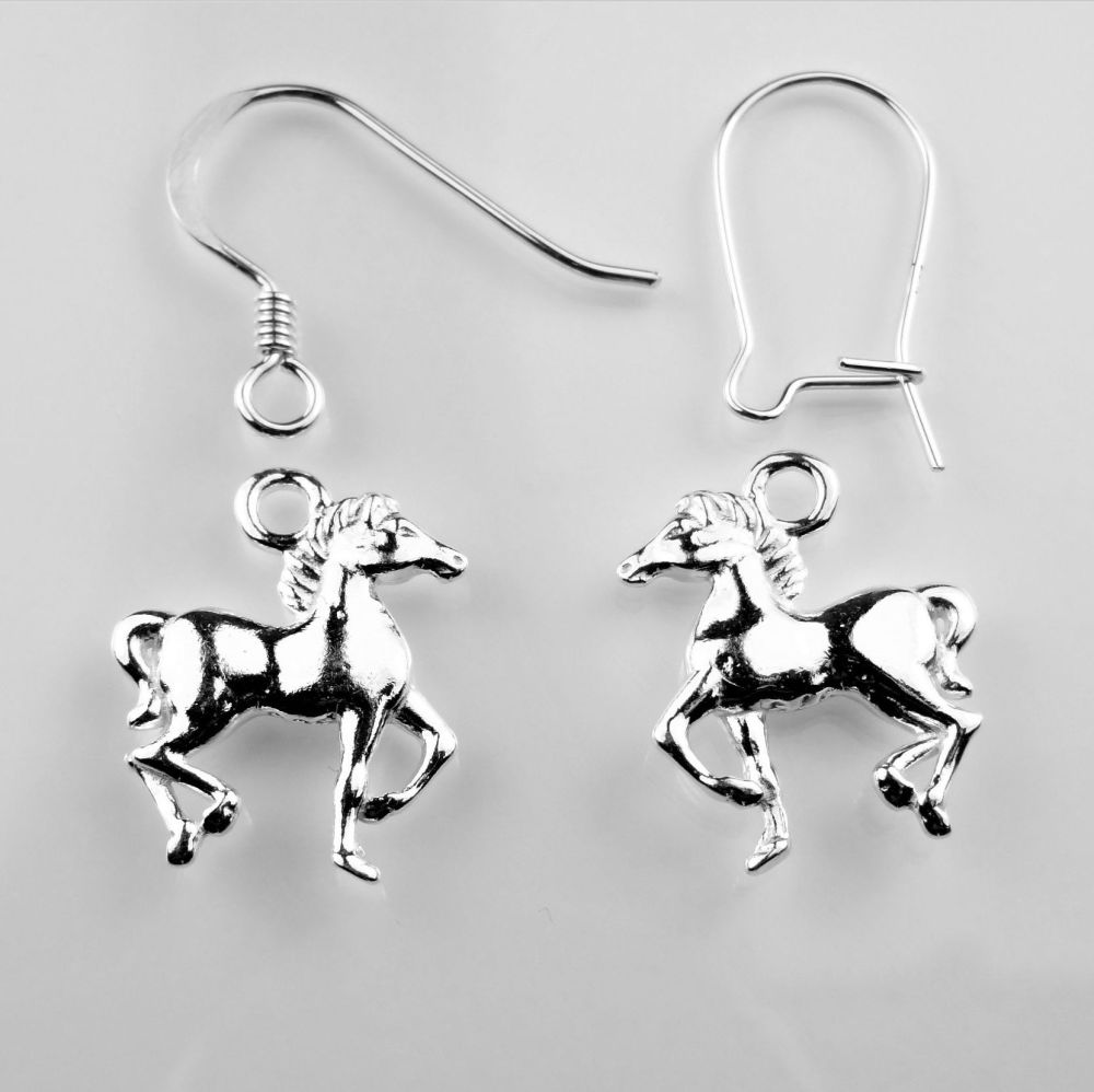 Sterling silver earrings with 14mm horse charms, on either fish or kidney wires, in a gift box