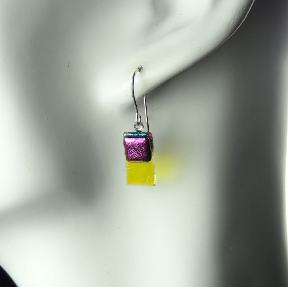 Purple-ish pink genuine Dichroic glass drop earrings with sterling silver wires (#20658)