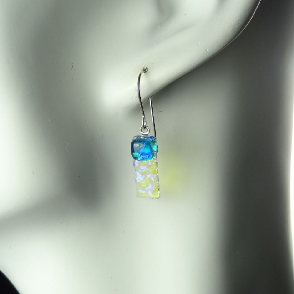 Blue genuine Dichroic glass drop earrings with sterling silver wires (#8803)