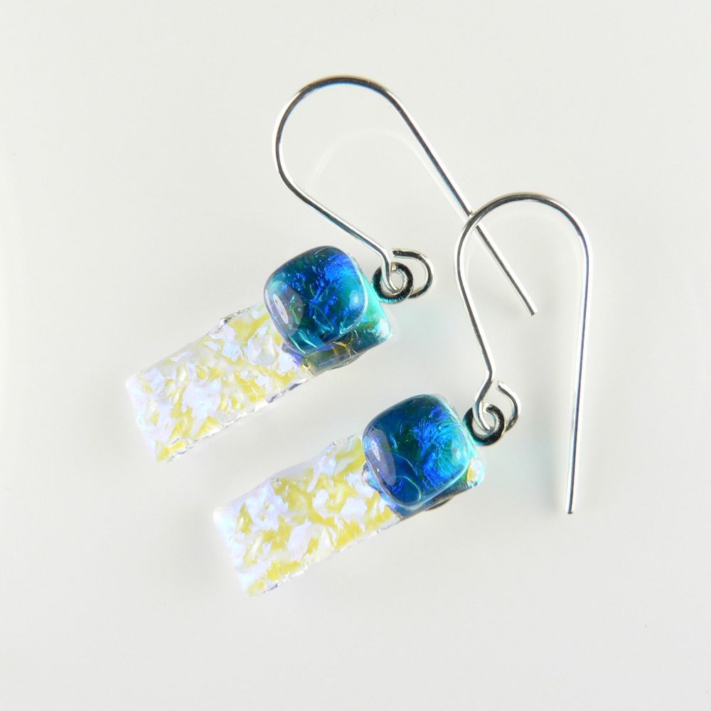 Blue genuine Dichroic glass drop earrings with sterling silver wires (#8803)