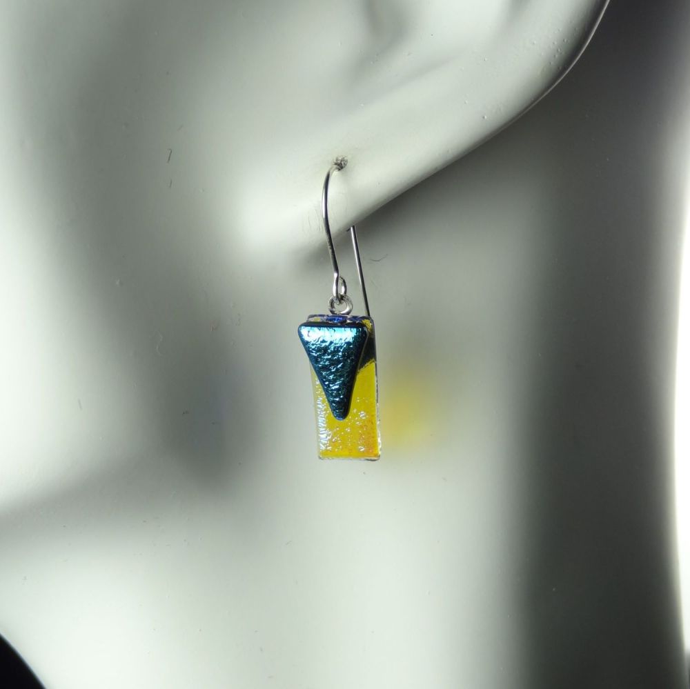 Dark turquoise genuine Dichroic glass drop earrings with sterling silver wires (#20872)