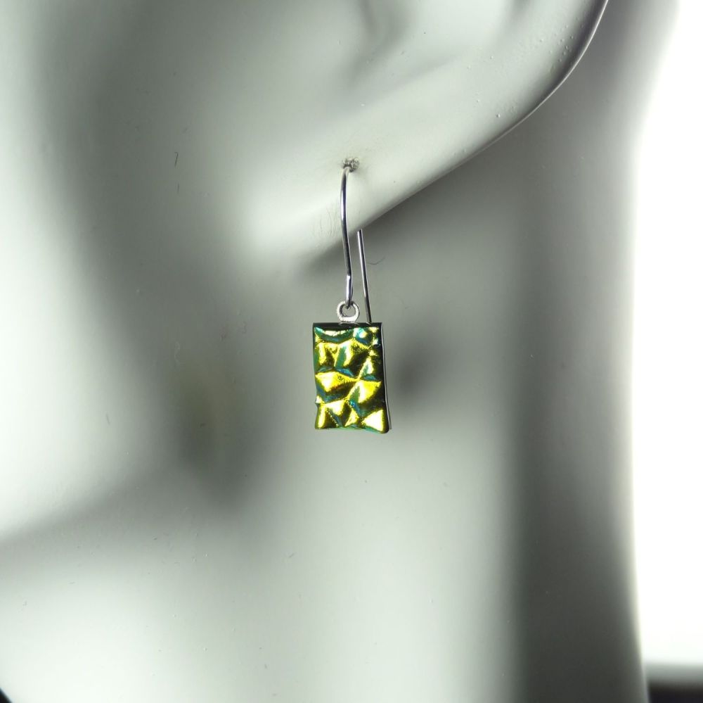 Gold-ish genuine Dichroic glass drop earrings with sterling silver wires (#10945)