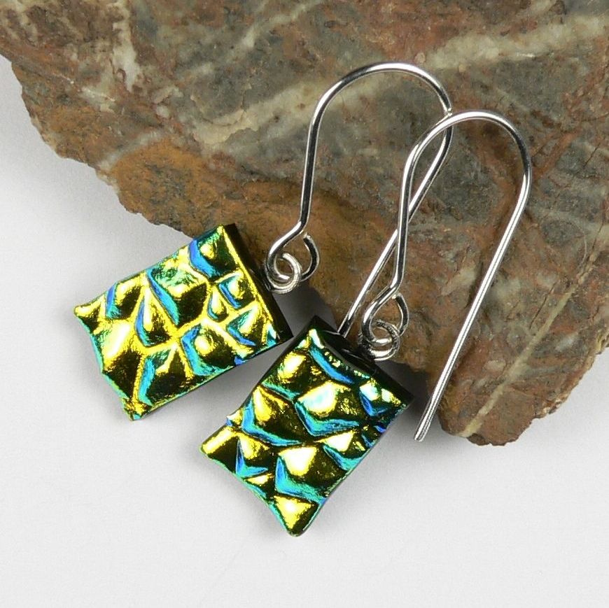 Gold-ish genuine Dichroic glass drop earrings with sterling silver wires (#10945)