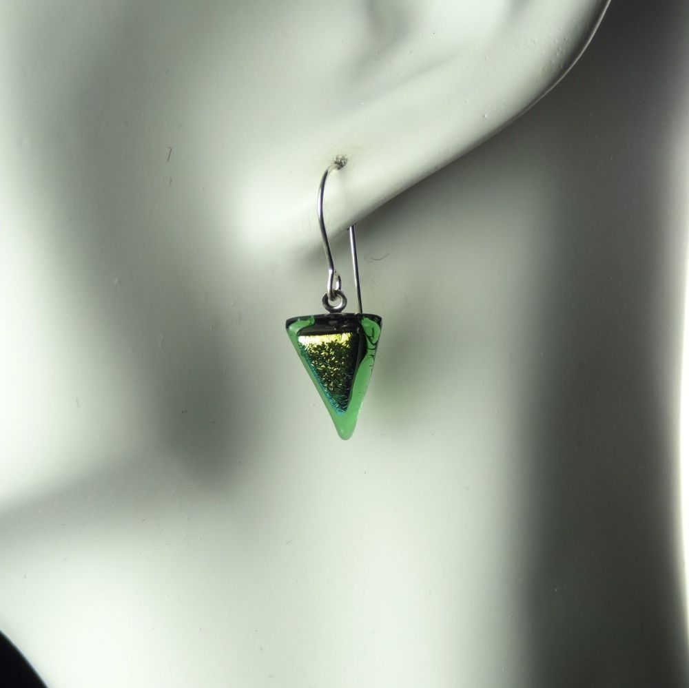 Green genuine Dichroic glass earrings with sterling silver wires (#8780)