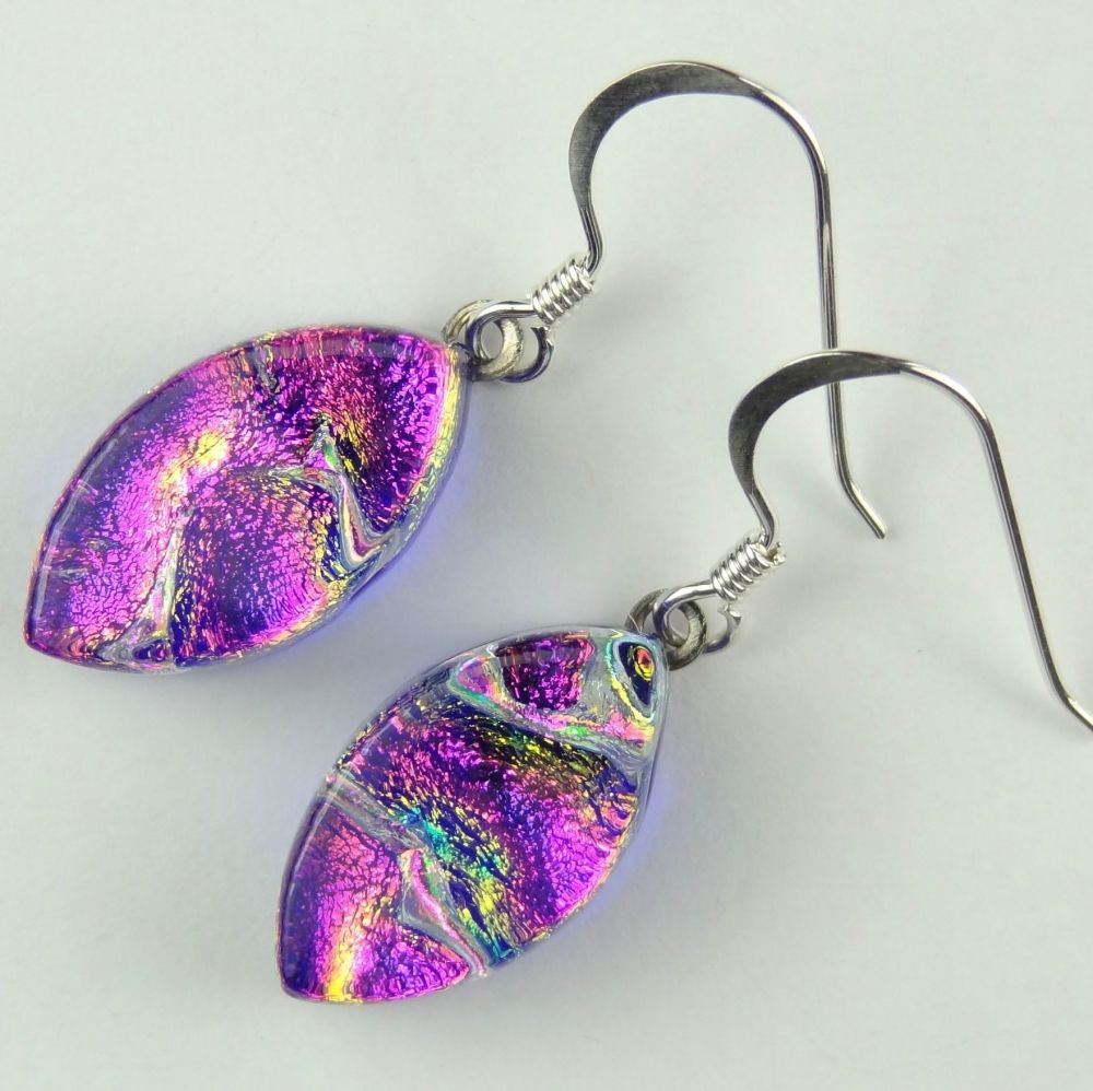 Pink-ish genuine Dichroic glass oval drop earrings with sterling silver wires (#10981)