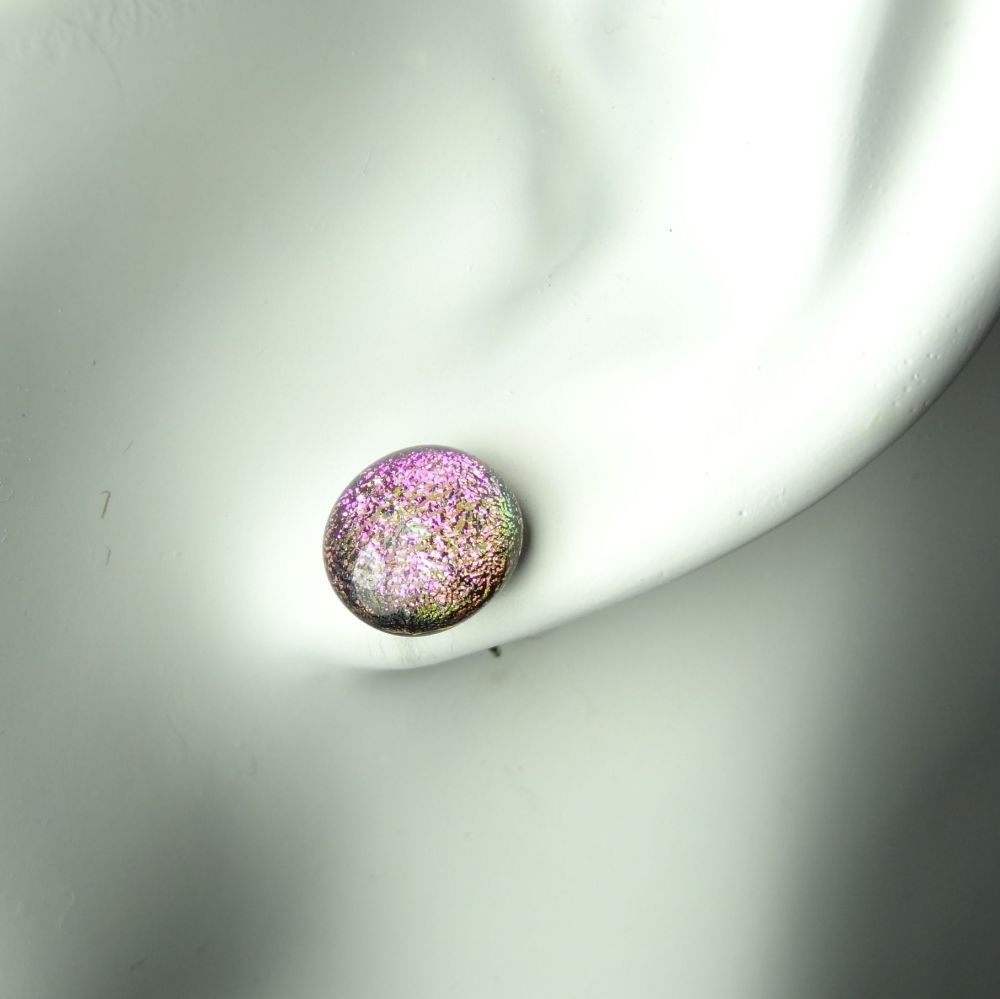 10mm pink-ish genuine Dichroic glass stud earrings with hypoallergenic titanium posts (#11009)