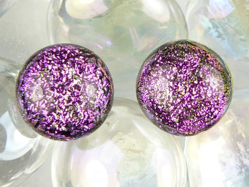 10mm pink-ish genuine Dichroic glass stud earrings with hypoallergenic titanium posts (#11009)