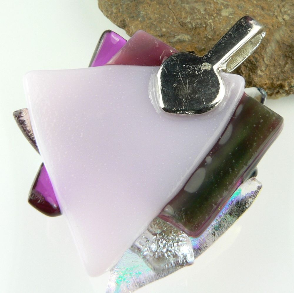 4.5cm textured Dichroic glass pendant, with leather cord & gift box (#30332)