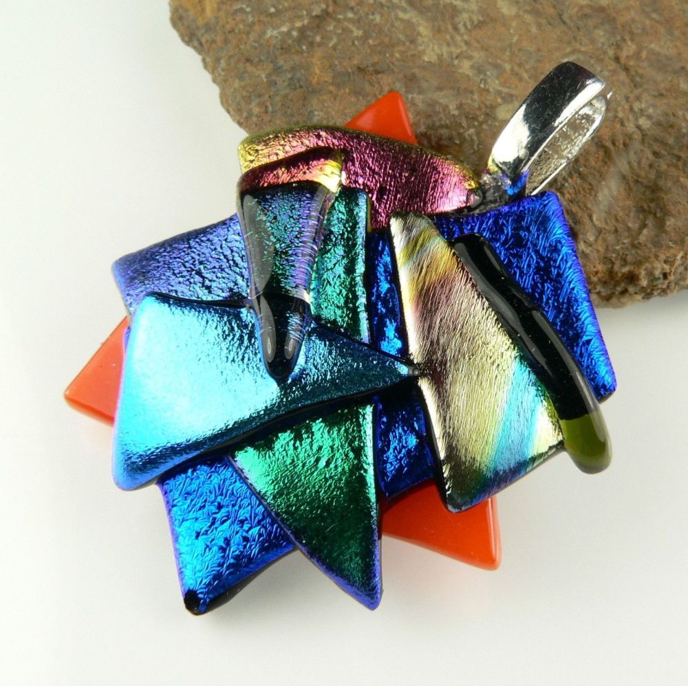 4.5cm multi-coloured textured Dichroic glass pendant, with leather cord & gift box (#30554)