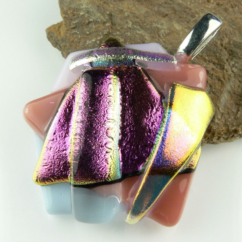 4.7cm textured Dichroic glass pendant, with leather cord & gift box (#30325)