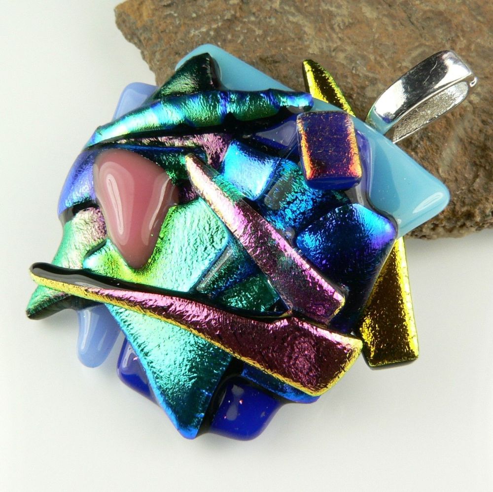 4.6cm multi-coloured textured Dichroic glass pendant, with leather cord & gift box (#30001)