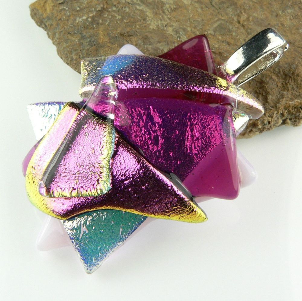 4.7cm textured Dichroic glass pendant, with leather cord & gift box (#30278)