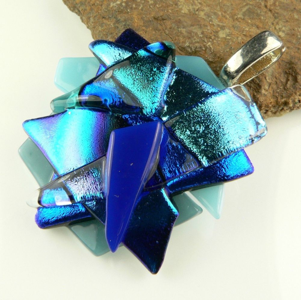 4.6cm blue textured Dichroic glass pendant, with leather cord & gift box (#30452)