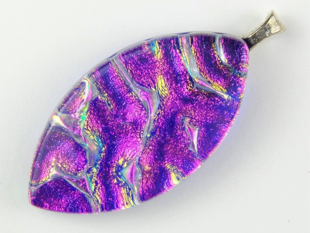 Handmade 4.4cm pinky-purple genuine dichroic glass pendant, with leather cord & gift box (#10981)