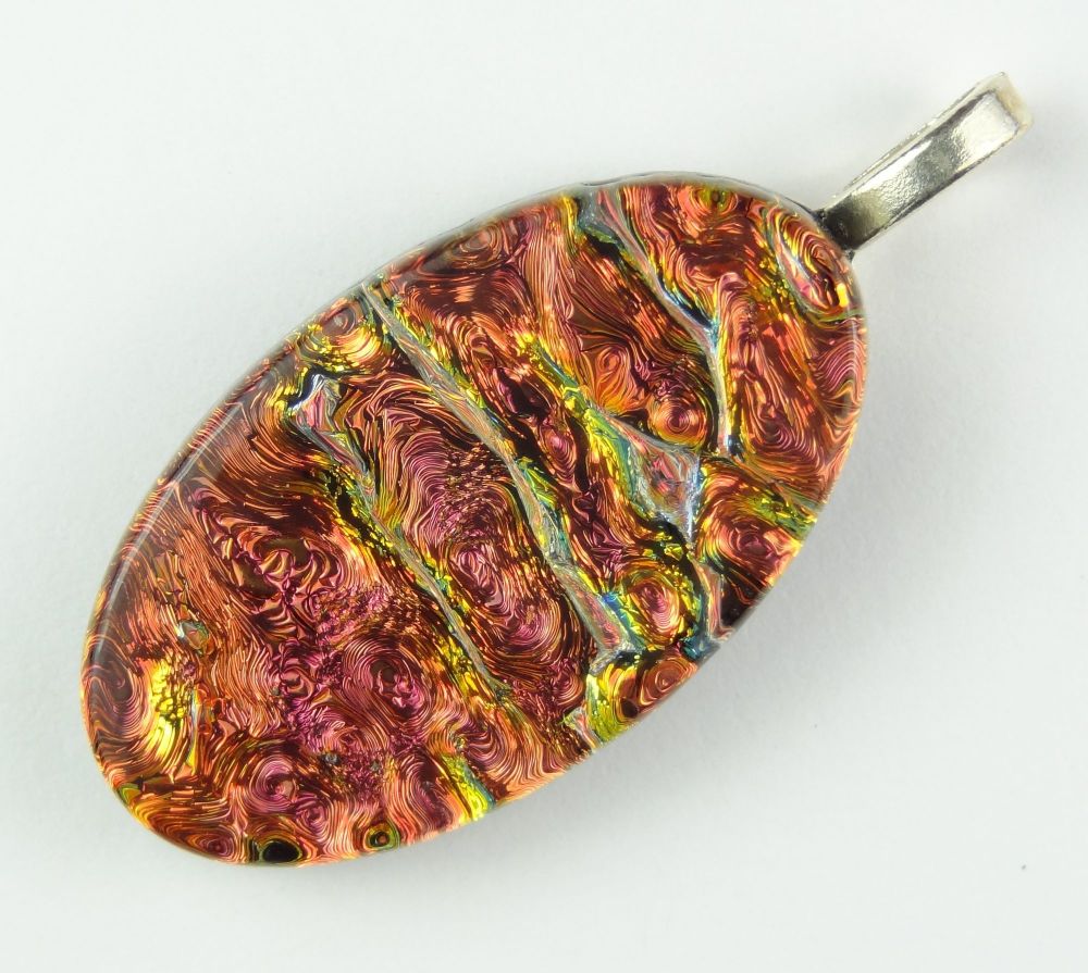 Handmade 4.3cm burnt orange Dichroic glass pendant, with leather cord & gift box (#20273)