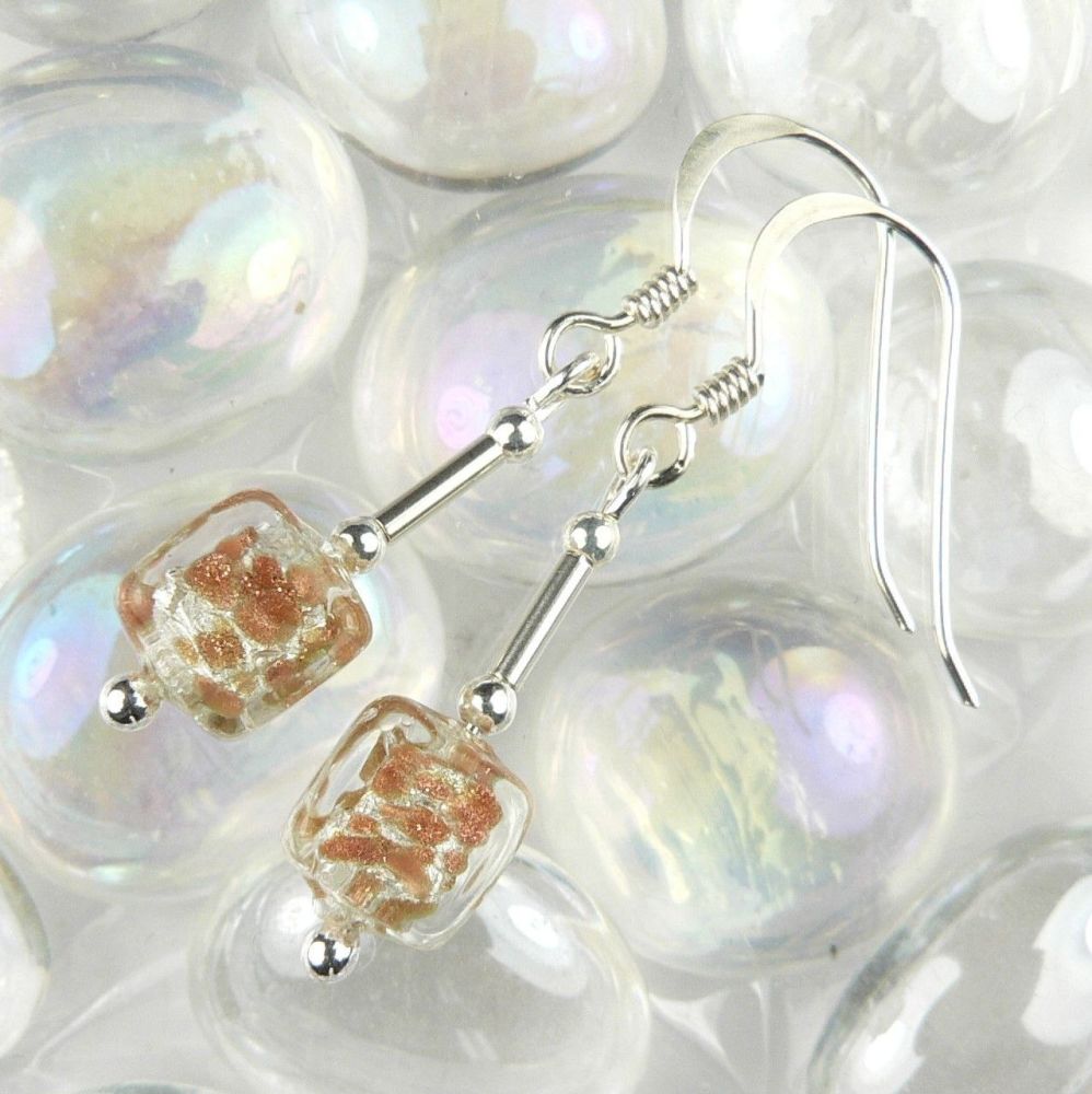 3 colour options - sterling silver & 6mm (+/-) Murano glass cube drop earrings in a gift box