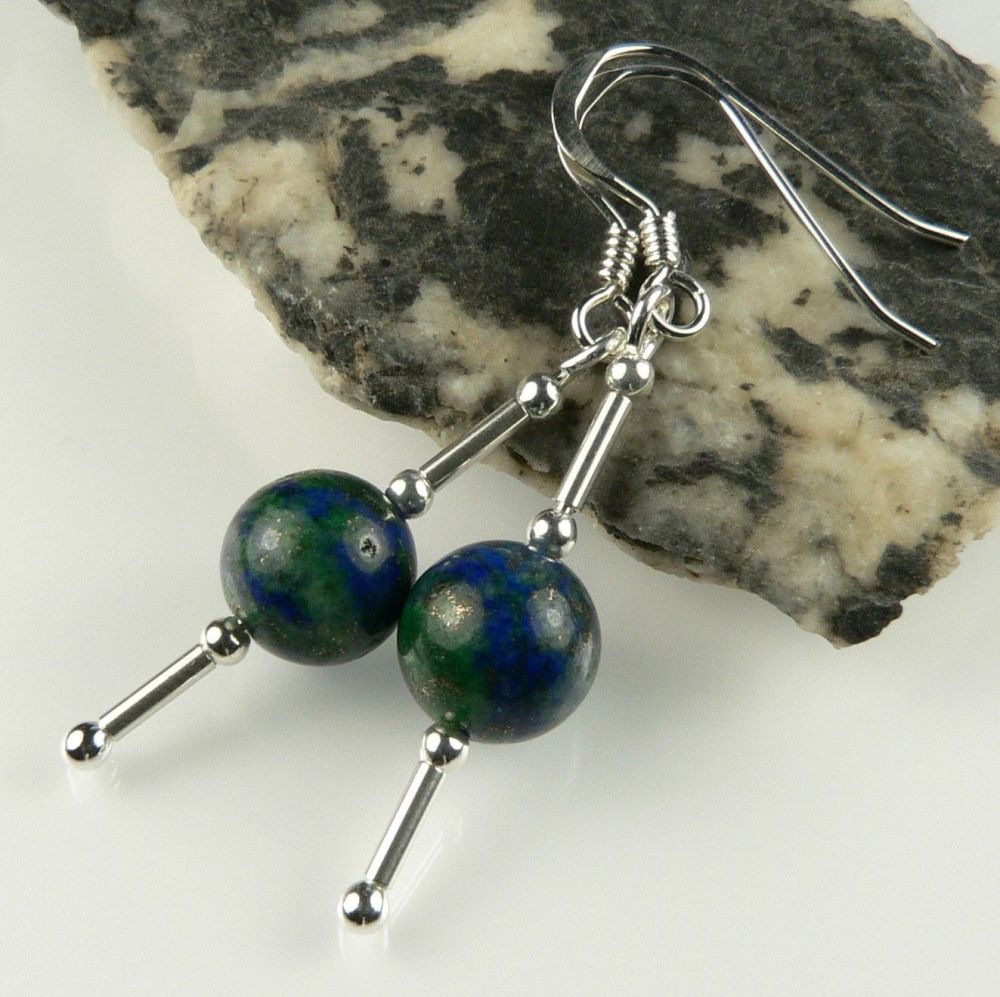 Sterling silver & 8mm (+/-) Chrysocolla semi-precious stone drop earrings, in a gift box (M)