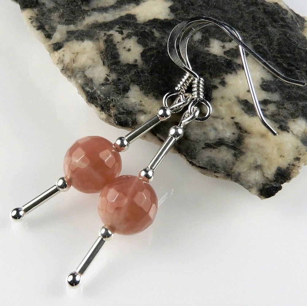 Sterling silver & 8mm (+/-) Sunstone (faceted) semi-precious stone drop earrings, in a gift box (M)