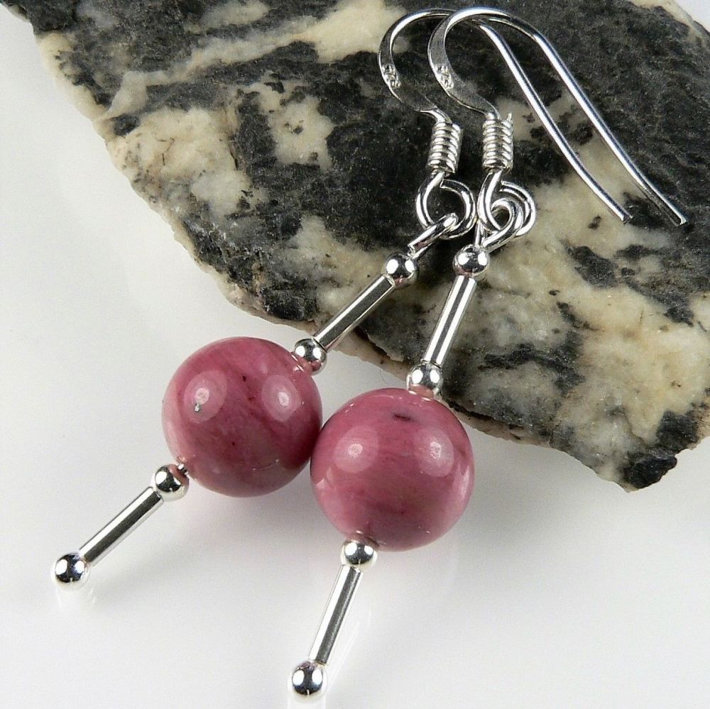 Sterling silver & 8mm (+/-) Rose Jasper semi-precious stone drop earrings, in a gift box (M)