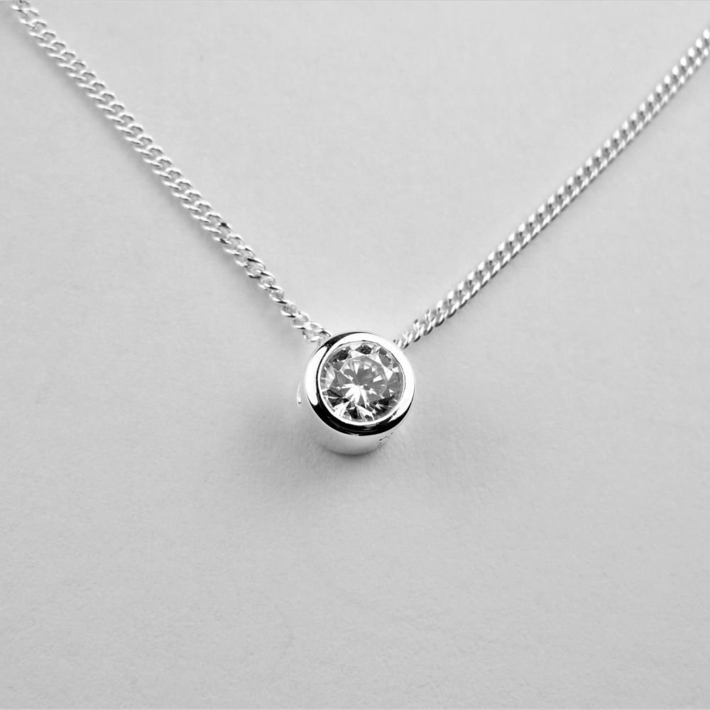 Dainty sterling silver 5mm slider Cubic Zirconia necklace, in a gift box - choice of 16" or 18" chain, with silver polishing cloth