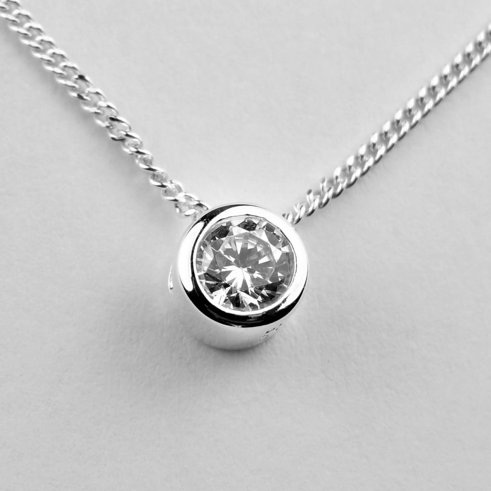 Dainty sterling silver 5mm slider Cubic Zirconia necklace, in a gift box - choice of 16" or 18" chain, with silver polishing cloth