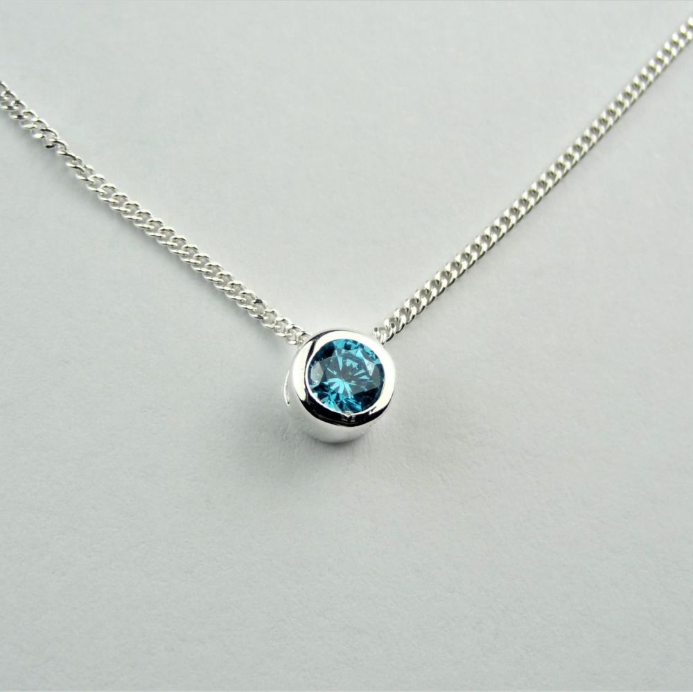 Dainty sterling silver 5mm slider Aqua Cubic Zirconia necklace, in a gift box - choice of 16" or 18" chain, with silver polishing cloth