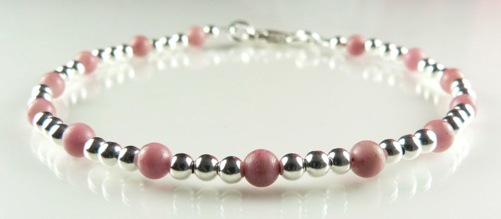 11 stone options - 3mm sterling silver bead & 4mm (+/-) semi-precious stone bead bracelet with lobster clasp, in a gift box