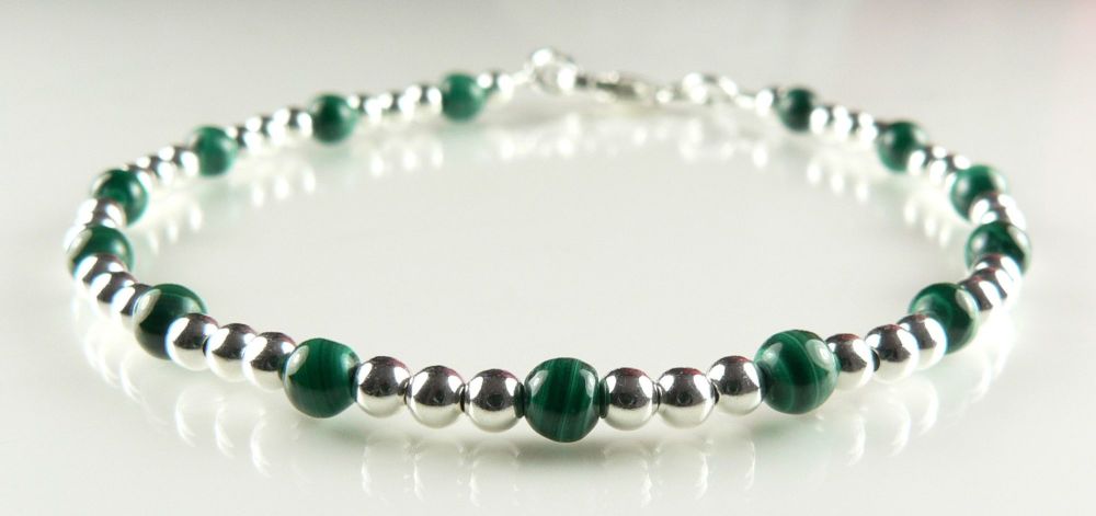 11 stone options - 3mm sterling silver bead & 4mm (+/-) semi-precious stone bead bracelet with lobster clasp, in a gift box