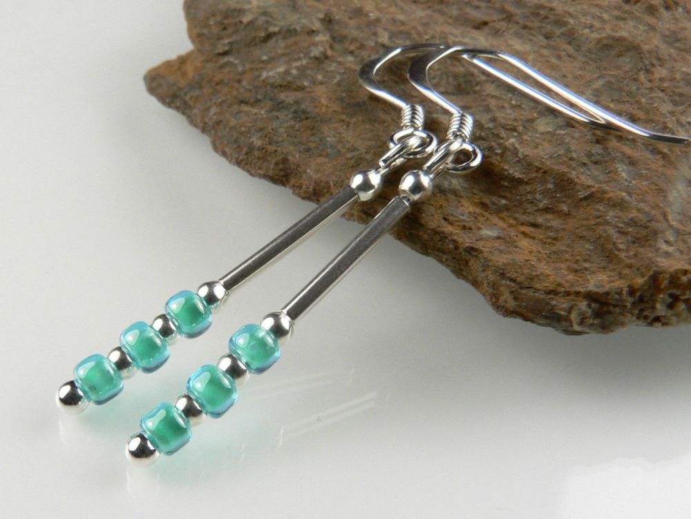 Aqua Toho glass seed bead earrings